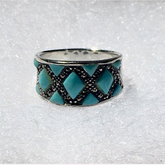 Vintage Sterling Turquoise Marcasite Inlay Ring 7.75 - Picture 12 of 12